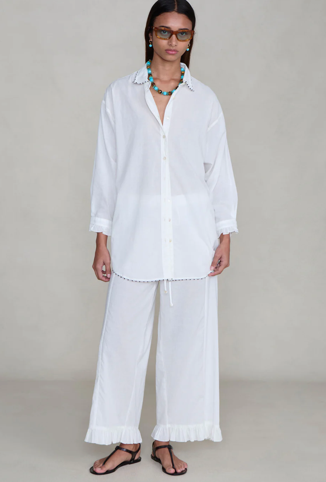 Chan Luu Cotton Ruffle PJ Set - White