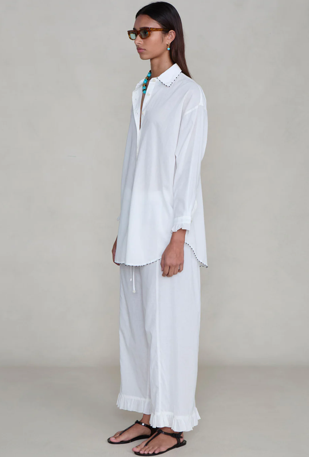 Chan Luu Cotton Ruffle PJ Set - White