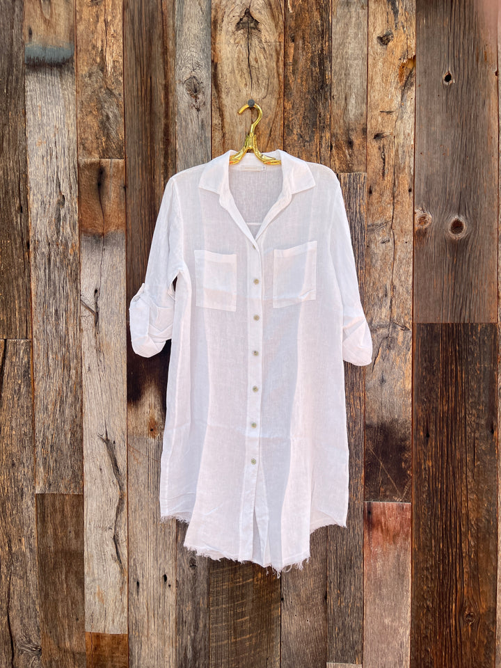 Milio Milano Linen L/S Roll-Tab Linen Button Down Dress White