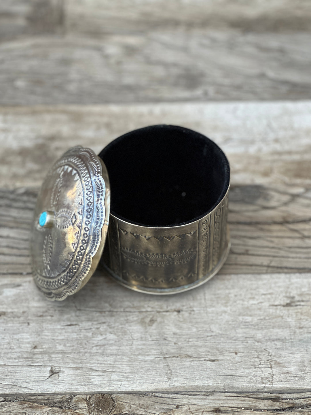J. Alexander Stamped Round Box w/ Turquoise and Lid