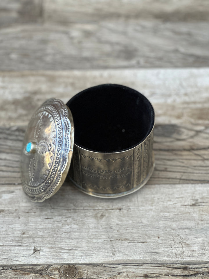 J. Alexander Stamped Round Box w/ Turquoise and Lid