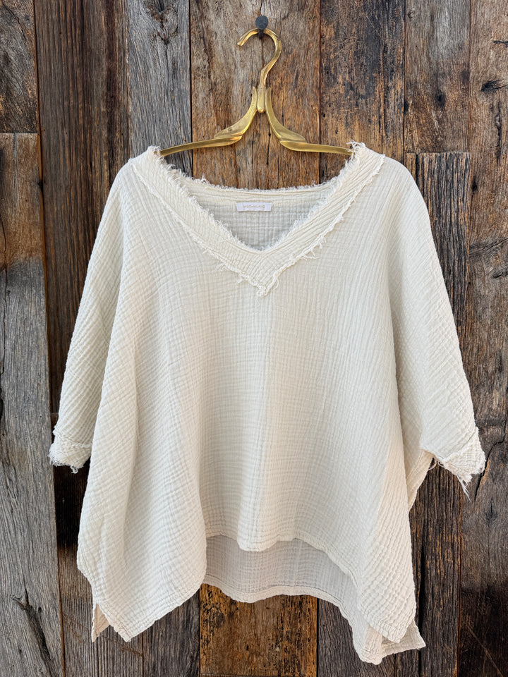 Milio Milano Raw Edge Gauze V-Neck Top Butter
