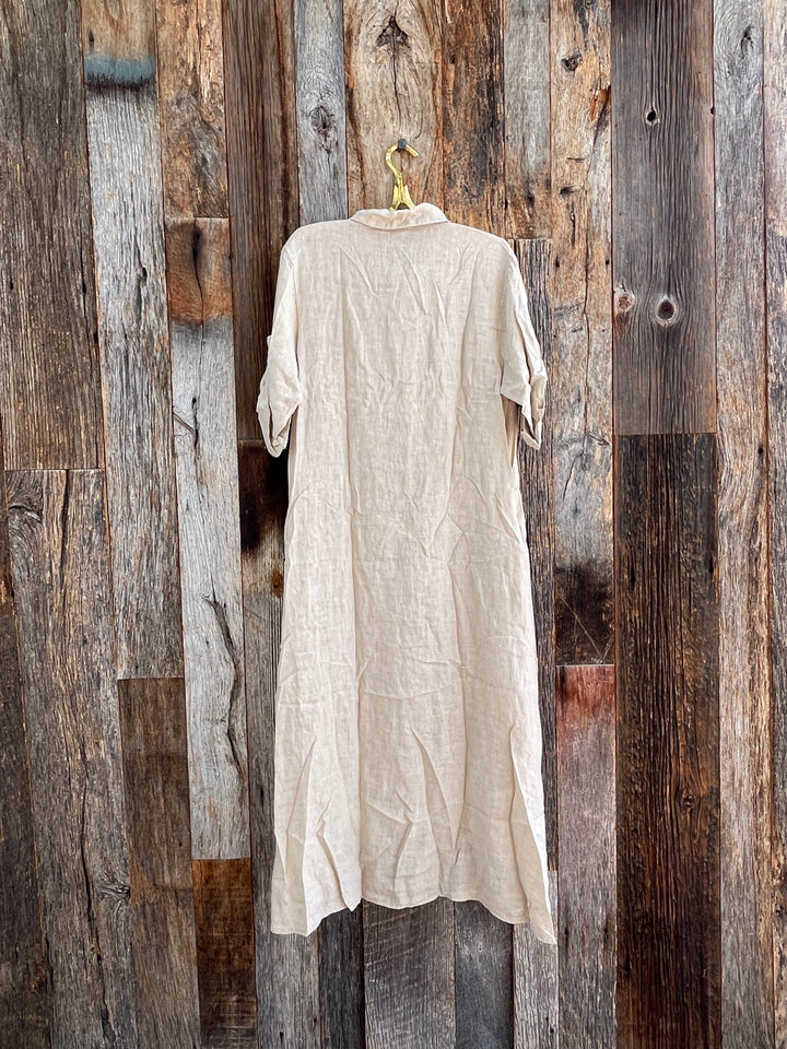 Milio Milano Italian Linen Button Down Dress Earth Beige
