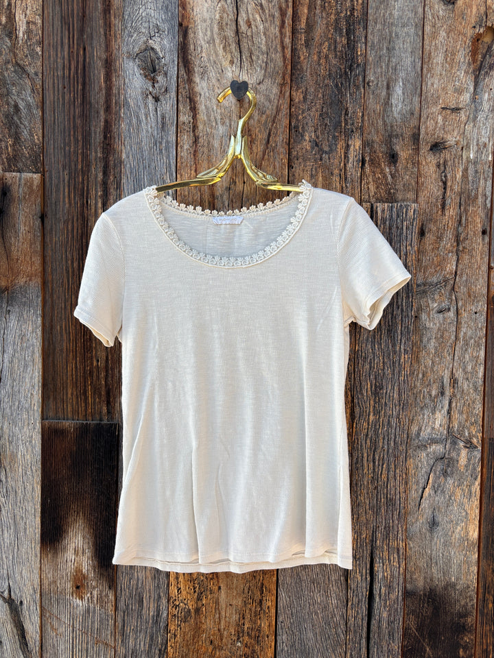 Milio Milano Cotton Baby Rib Crochet Lace Trim Round Neck Top Butter