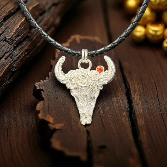 Ashton Western Flower Skull Necklace w/ Red Sapphire