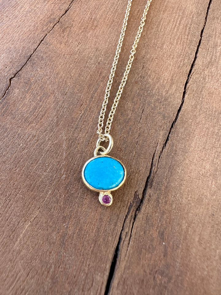 Robin M 14K Turquoise & Ruby Necklace 18"