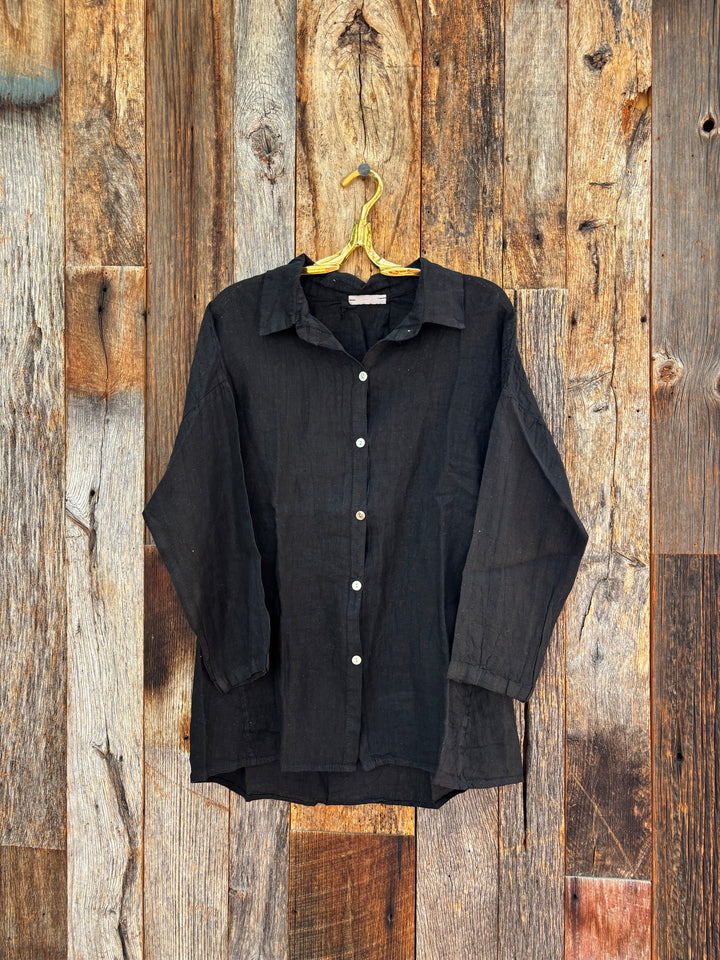 Milio Milano Linen Long Sleeve Button Shirt Black
