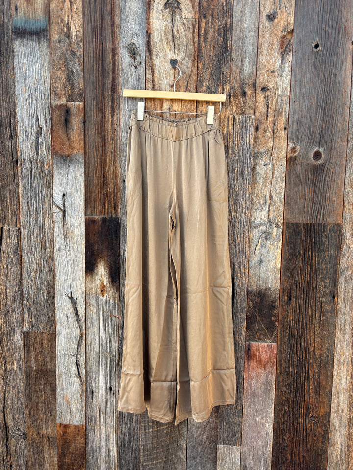 Milio Milano Italian Silky Viscose Elastic Waist Palazzo Pant Camel