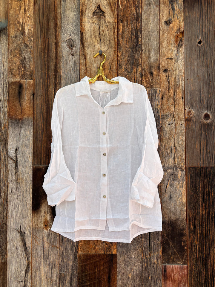 Milio Milano Linen Long Sleeve Button Shirt White