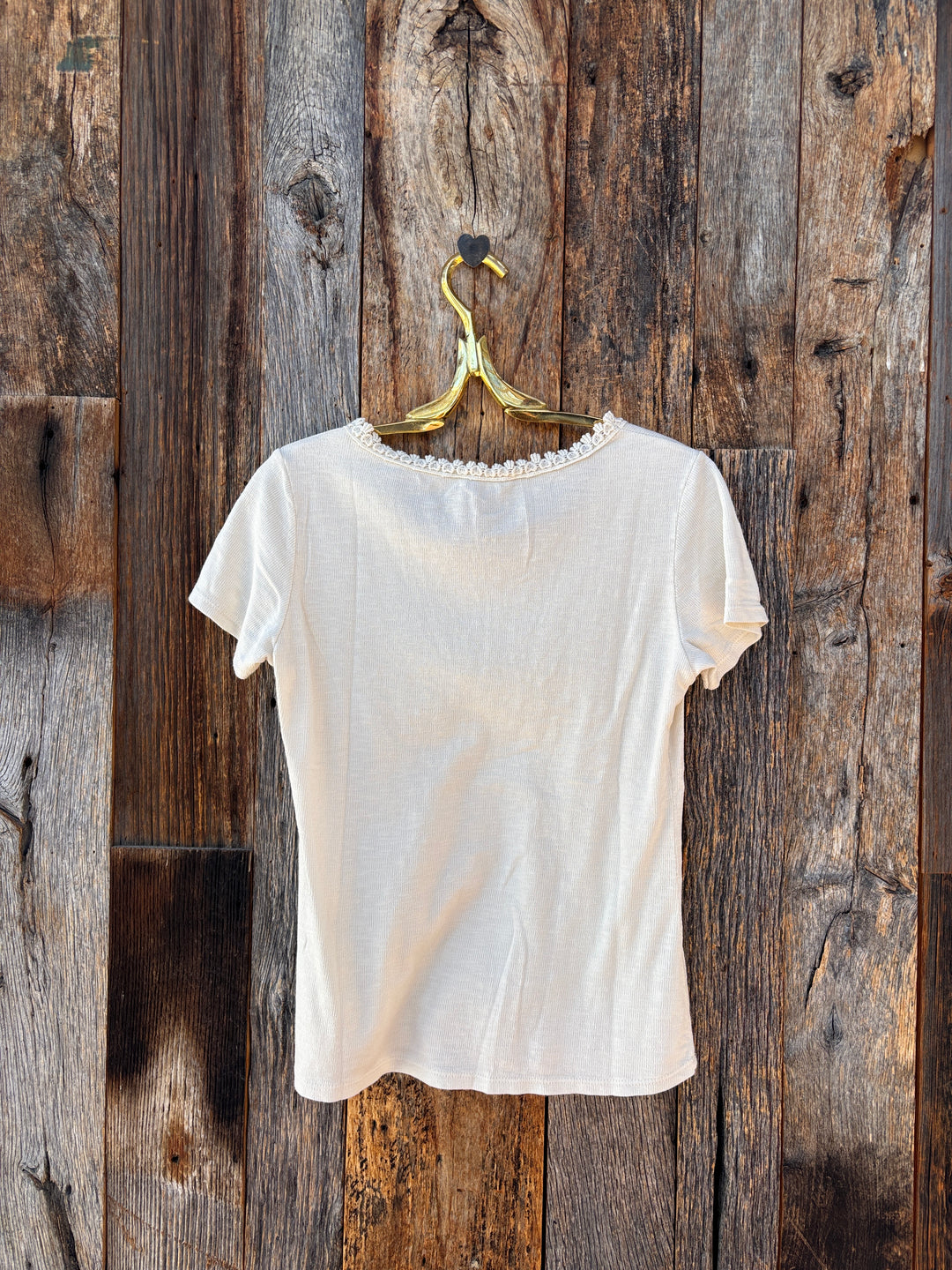 Milio Milano Cotton Baby Rib Crochet Lace Trim Round Neck Top Butter