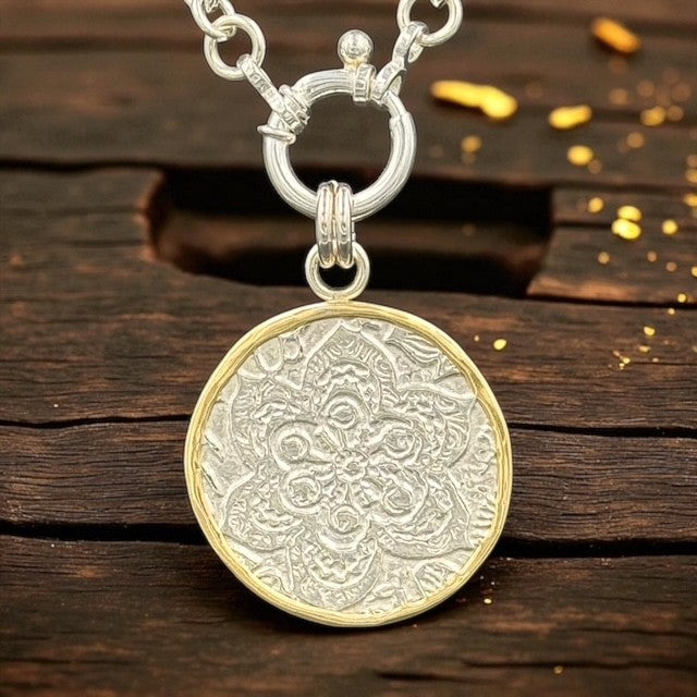 Ashton Fiore Medallion Necklace SS 18K Gold Wrapped