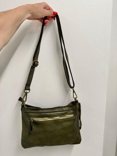 Milio Milano Distressed Adjustable Crossbody Bag Army Green
