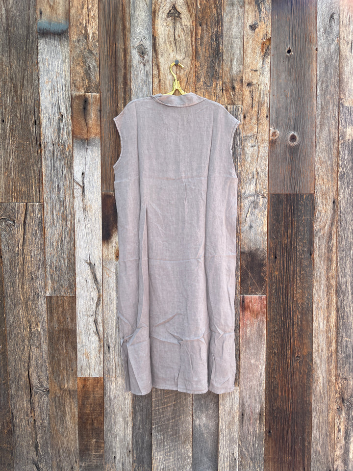 Milio Milano Long Crinkle Linen Sleeveless Shirt Dress Mocha