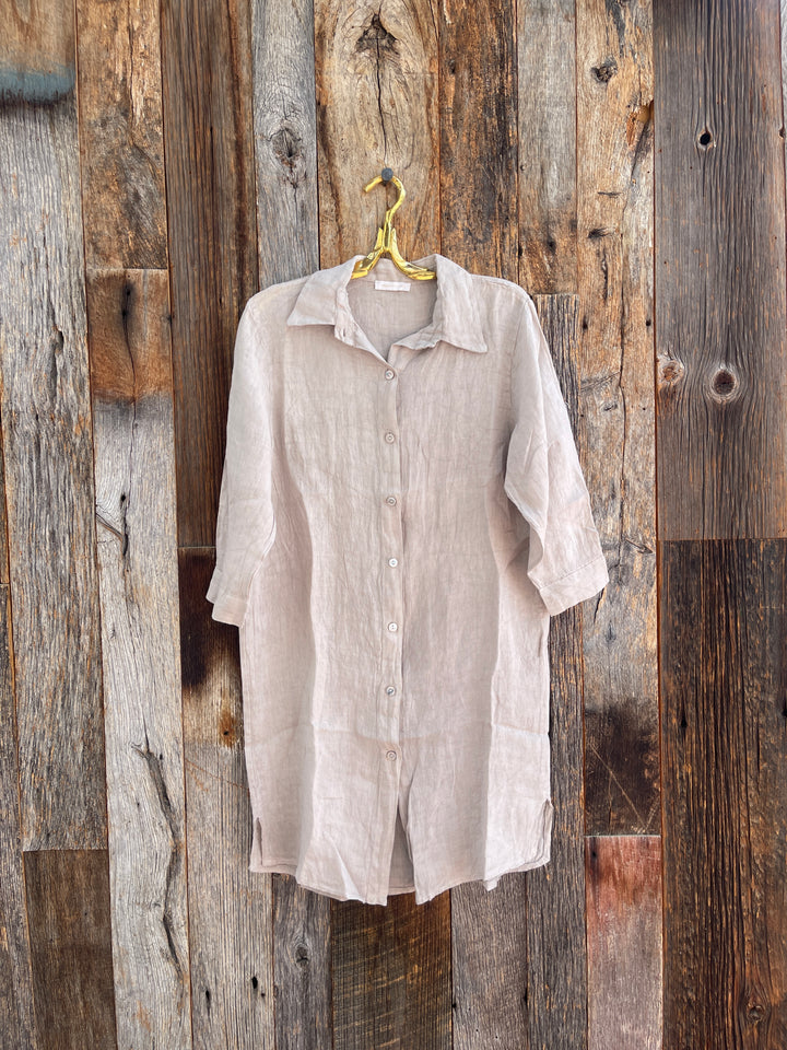 Milio Milano Linen Long Sleeve Button Down Dress Beige