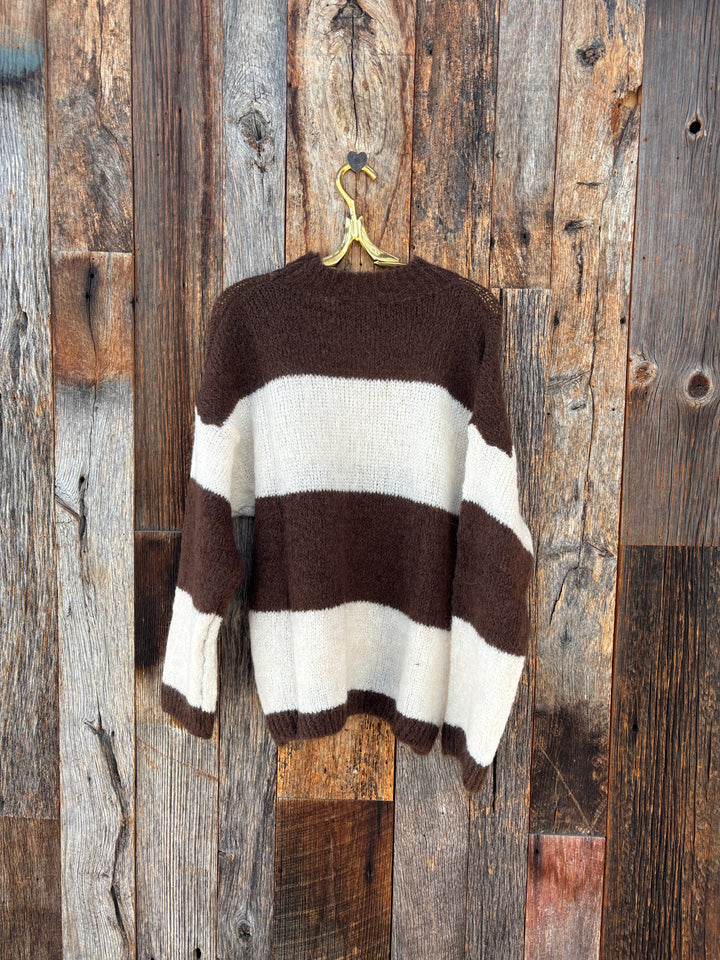 Milio Milano Mock Neck Striped L/S Pullover Knit Sweater Cream/Chocolate Brown