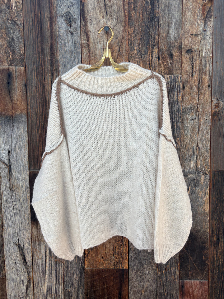 Milio Milano Crochet Mock Neck Knit Sweater Beige/Camel