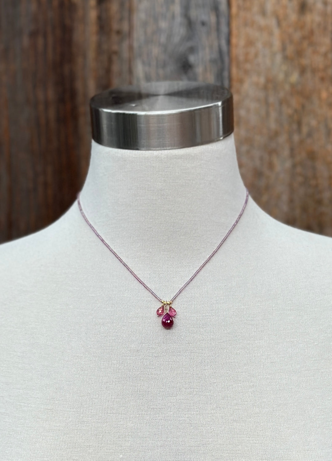 Debbie Fisher EVE62 pink topaz, ruby, seed, GF clasp