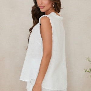 Milio Milano Ruffle Edge Detail Linen Sleeveless Top White