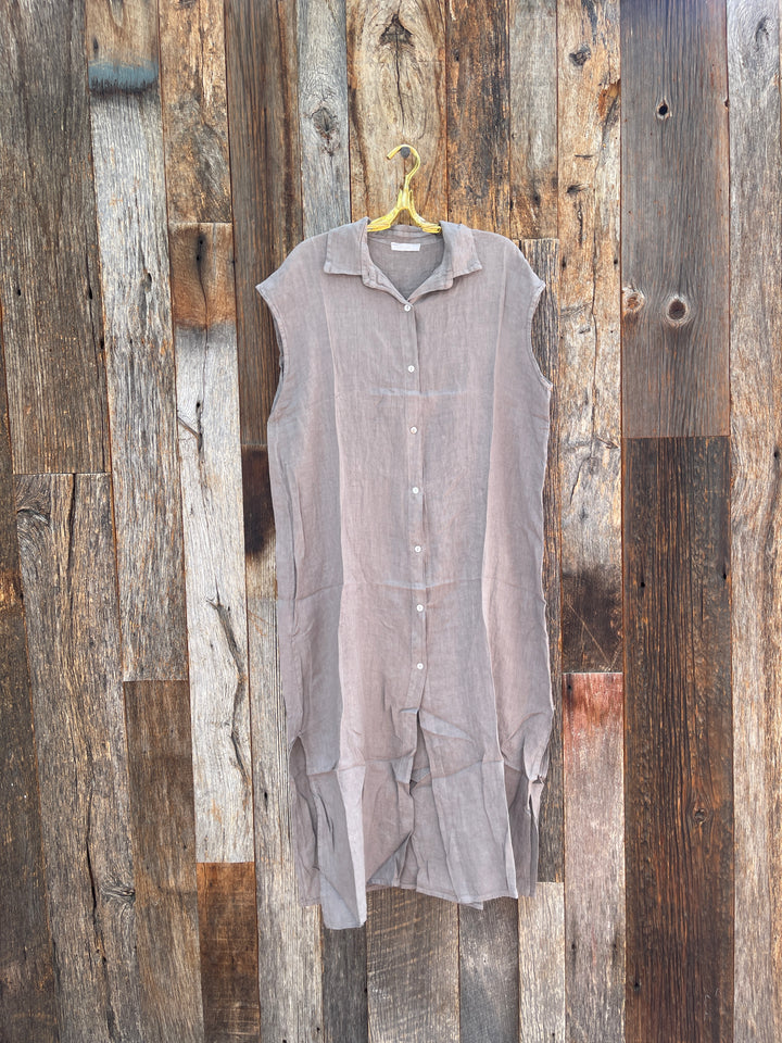 Milio Milano Long Crinkle Linen Sleeveless Shirt Dress Mocha