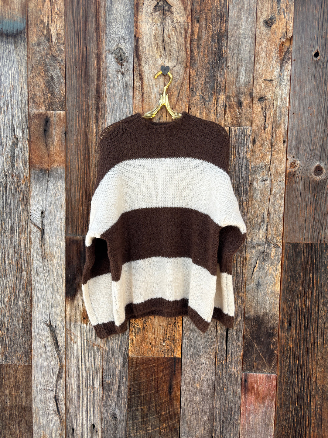 Milio Milano Mock Neck Striped L/S Pullover Knit Sweater Cream/Chocolate Brown
