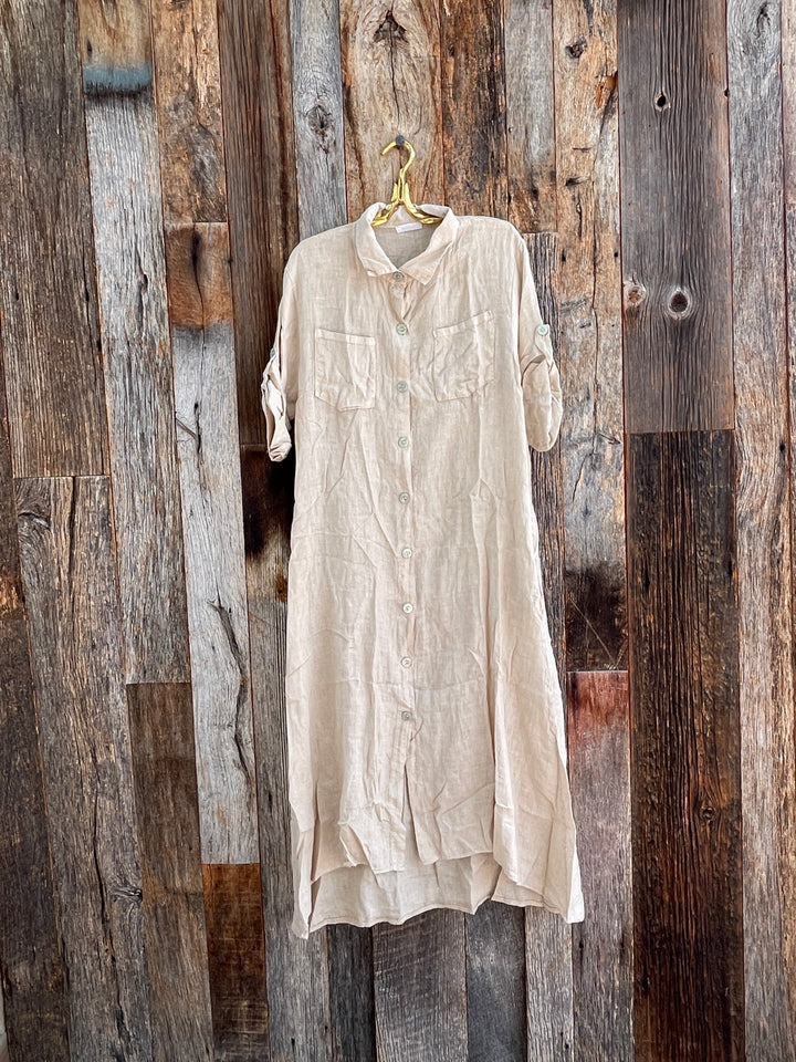 Milio Milano Italian Linen Button Down Dress Earth Beige