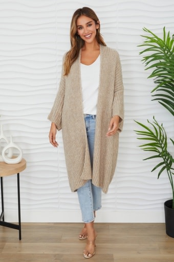 Milio Milano Fuzzy Knit Open Front 3/4 Sleeve Duster Beige
