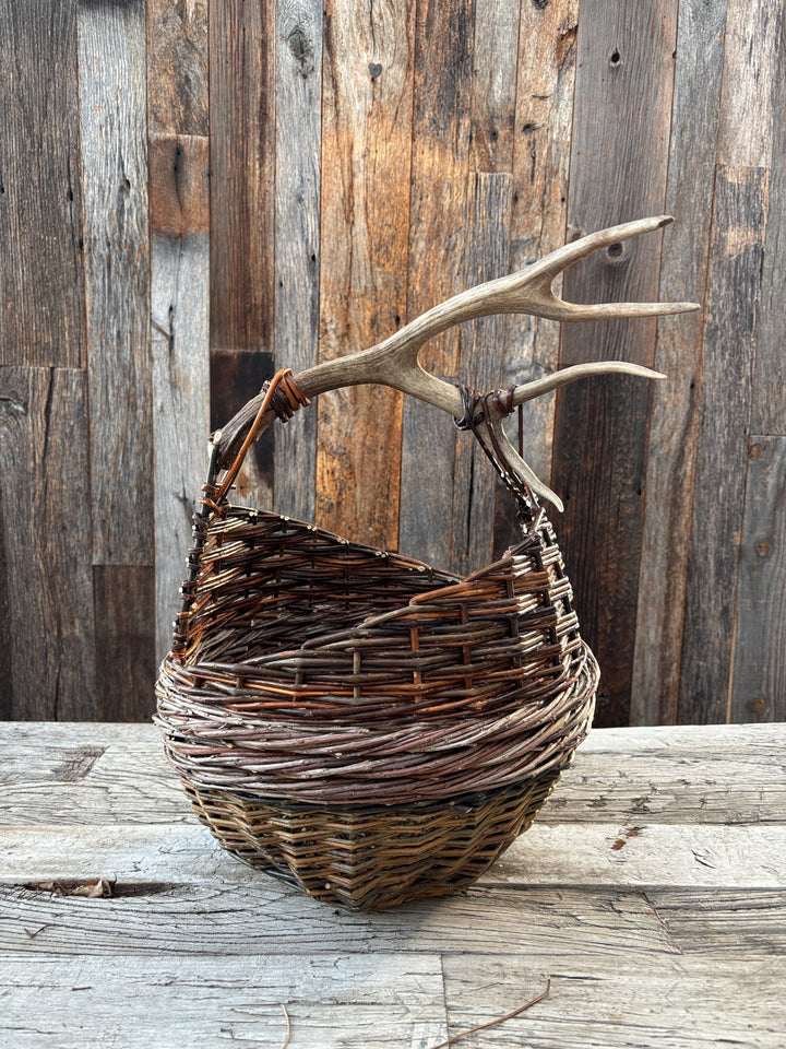 Theresa M. Beck Baskets Assym. Willow Basket w/ Deer Antler
