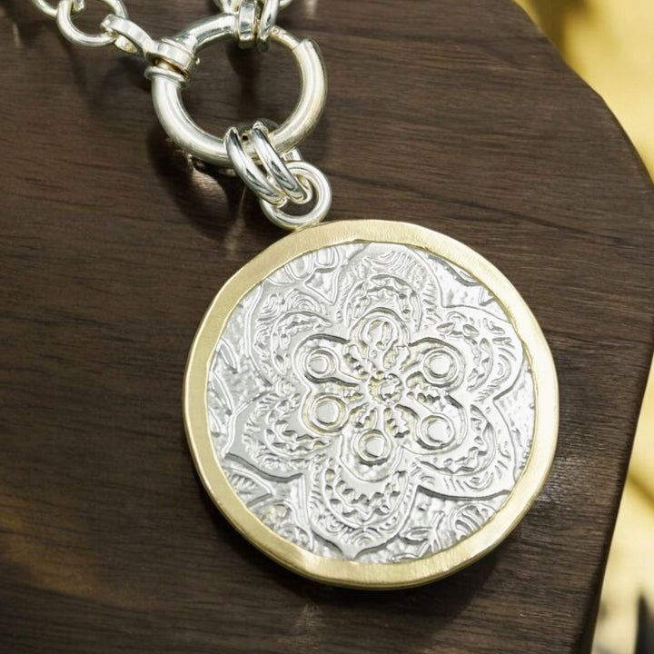 Ashton Fiore Medallion Necklace SS 18K Gold Wrapped