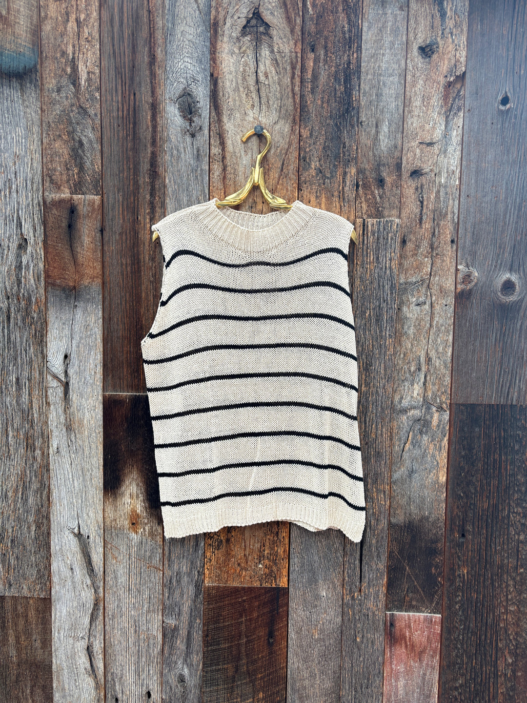 Milio Milano Striped Sleeveless Crew Neck Knit Top Beige/Black