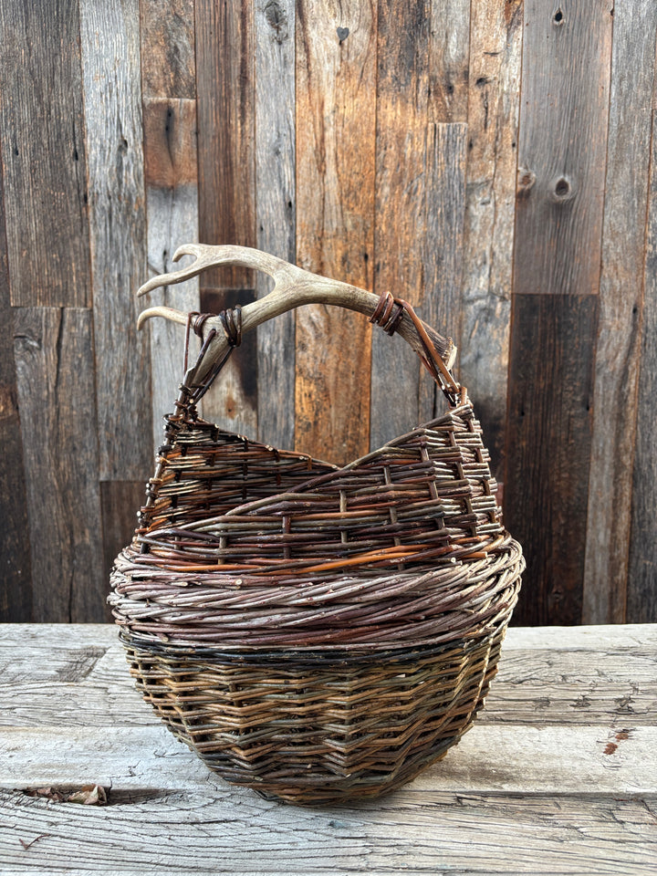 Theresa M. Beck Baskets Assym. Willow Basket w/ Deer Antler