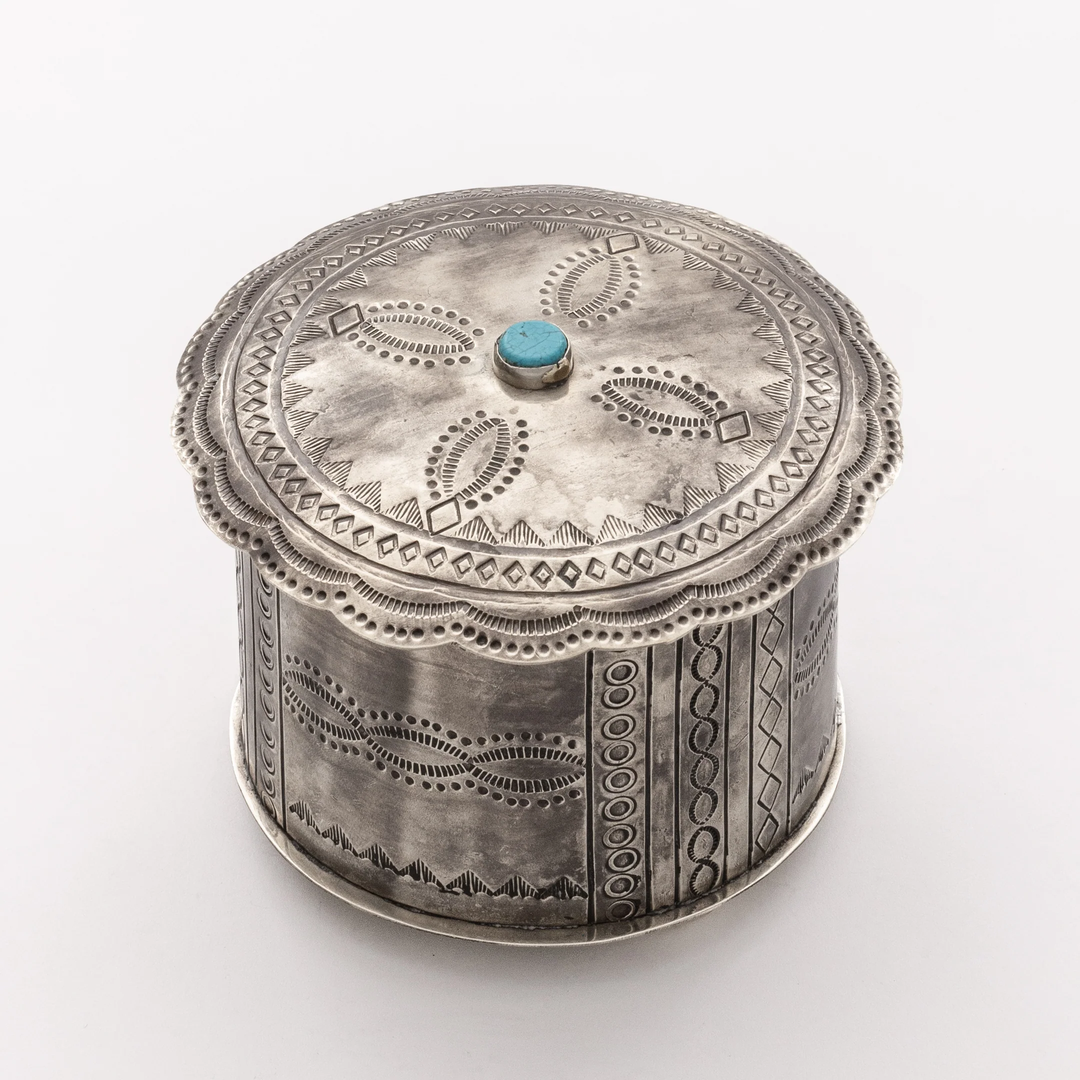 J. Alexander Stamped Round Box w/ Turquoise and Lid