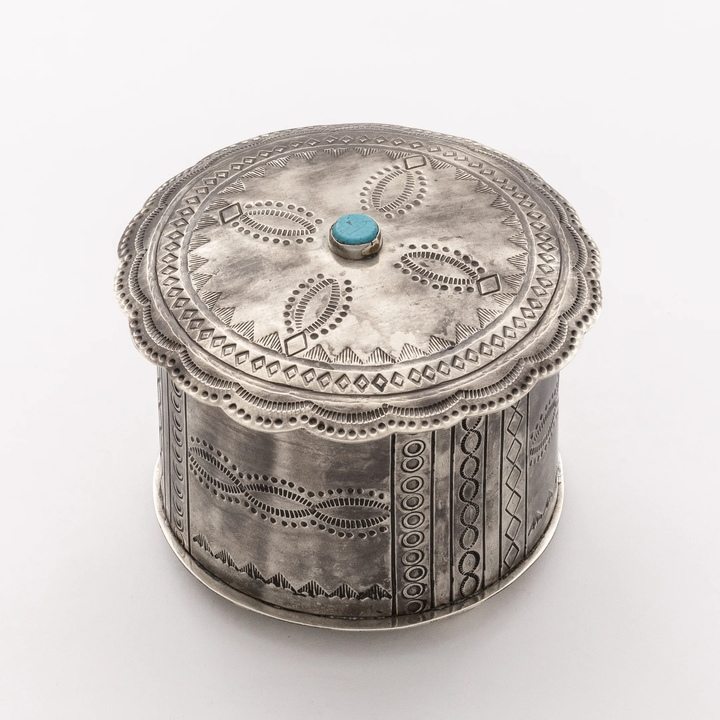 J. Alexander Stamped Round Box w/ Turquoise and Lid