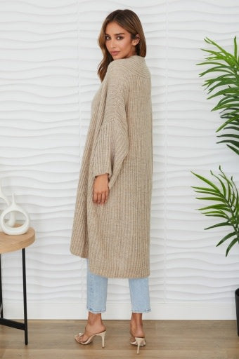 Milio Milano Fuzzy Knit Open Front 3/4 Sleeve Duster Beige