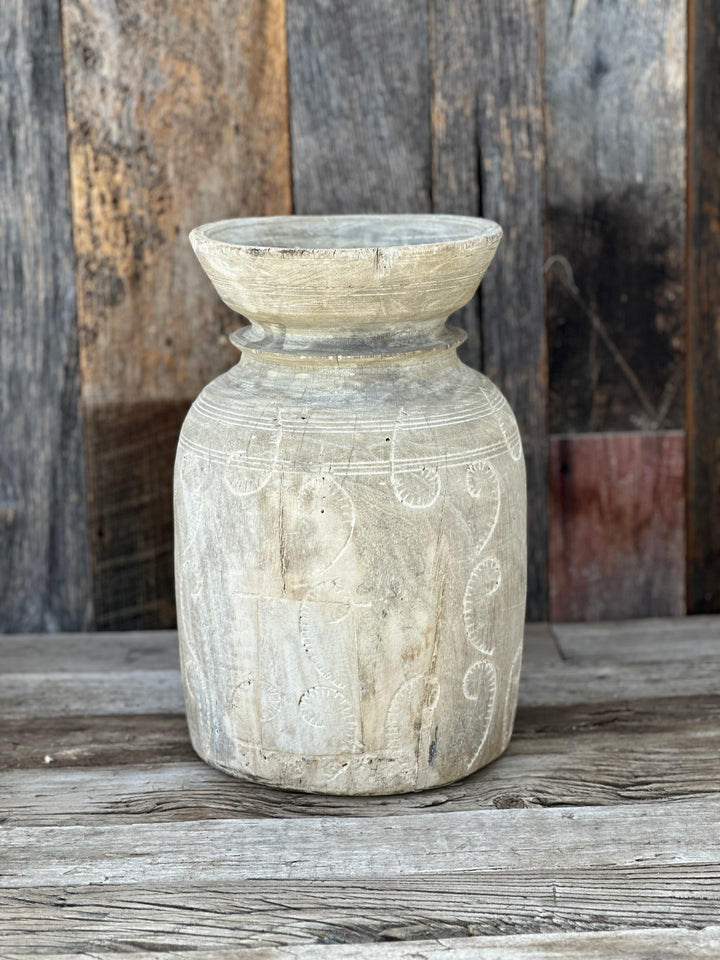 Homart Whitewash Carved Wood Pot Large