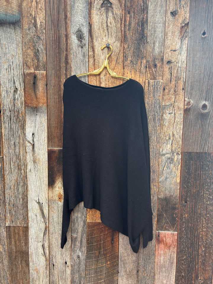 Milio Milano Italian Knit Checkered Sleeve Asymmetrical Sweater Black Noir