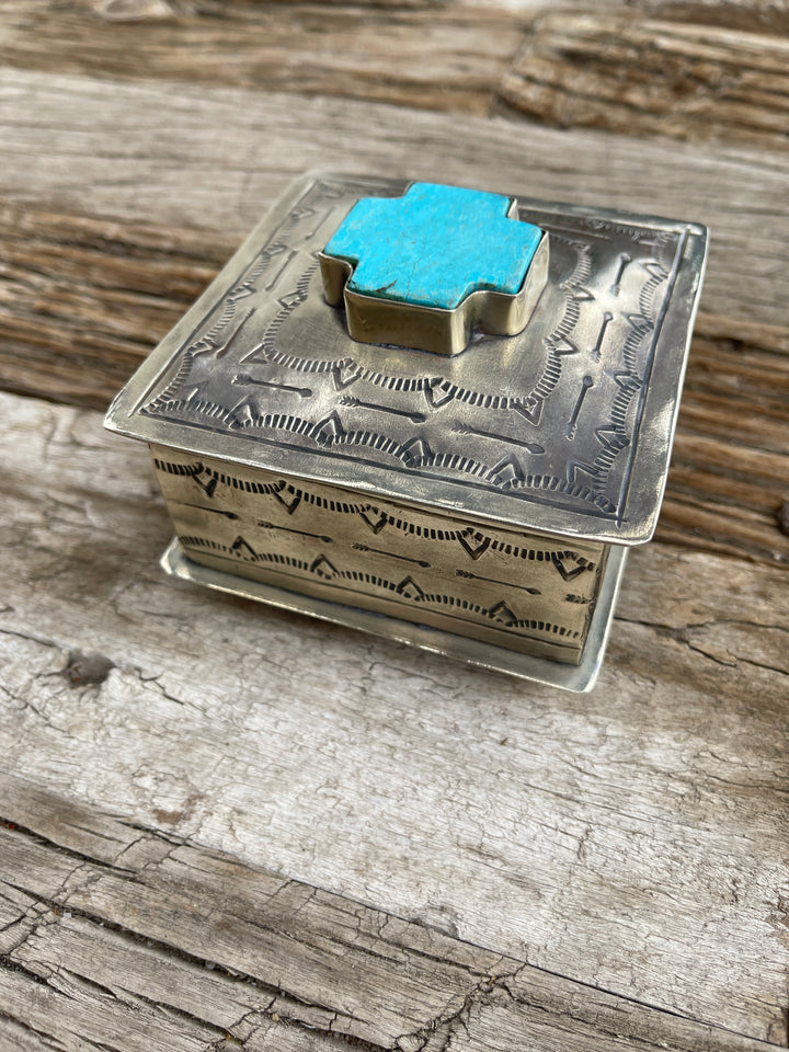 J. Alexander Square Stamped Box w/ Turquoise Cross