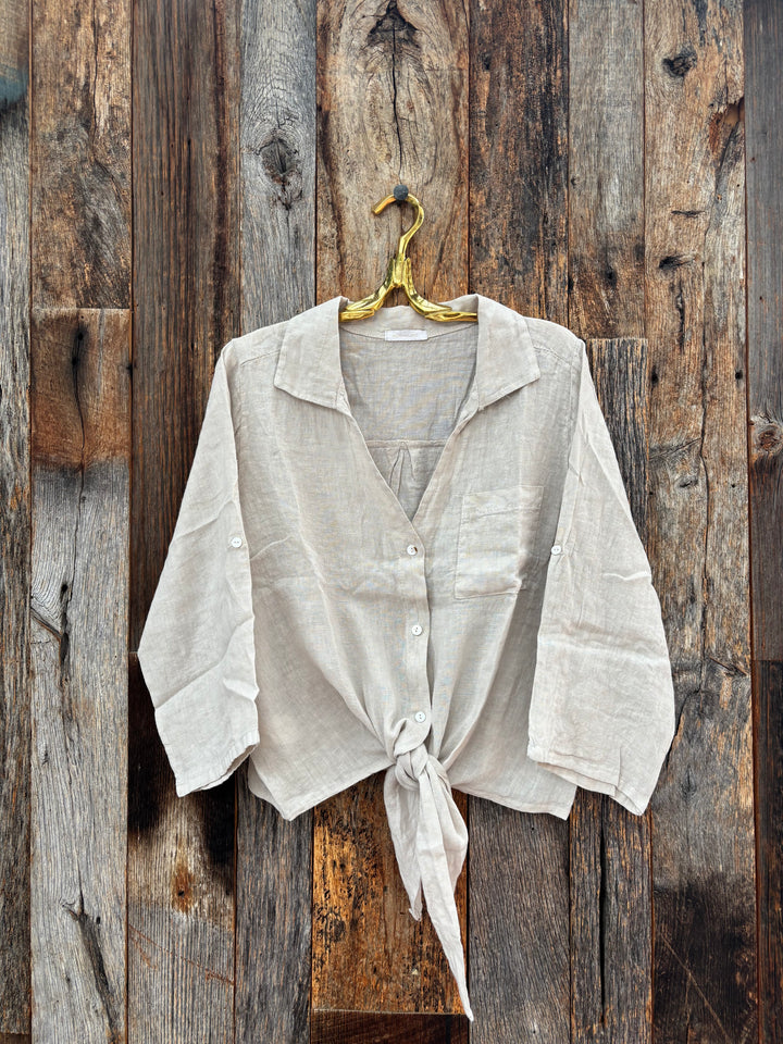 Milio Milano Linen Front Tie Button Shirt Beige