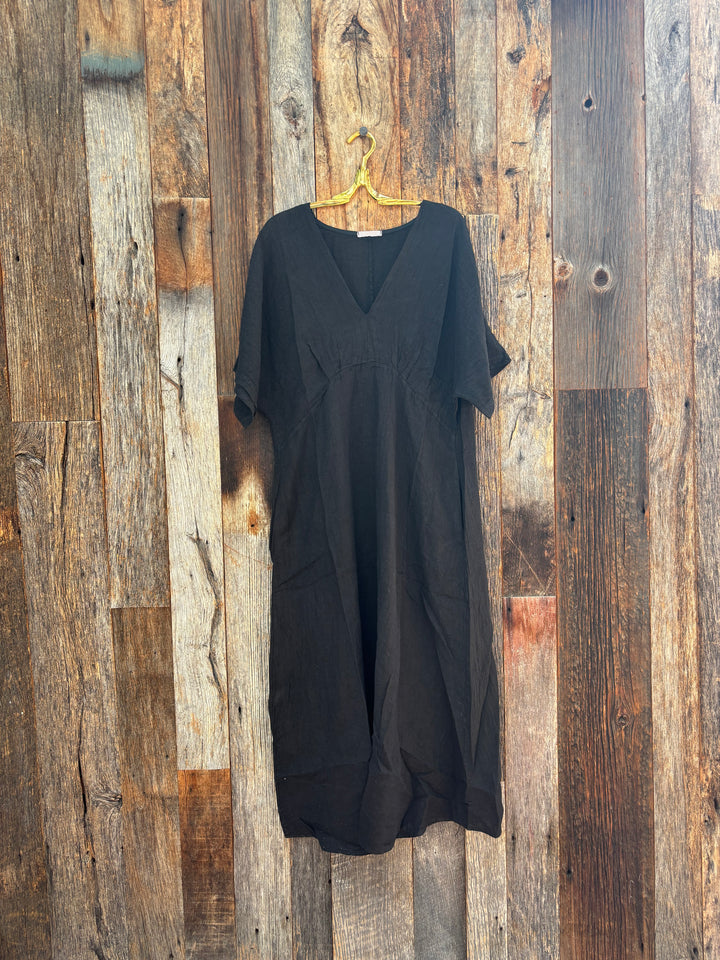 Milio Milano Solid Linen V-Neck Dolman Maxi Dress Black