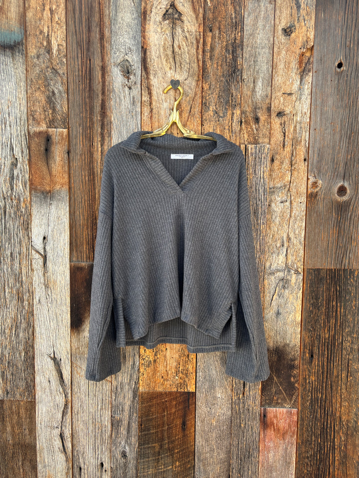 Project Social T Shea Brushed Rib Collared Pullover Charcoal