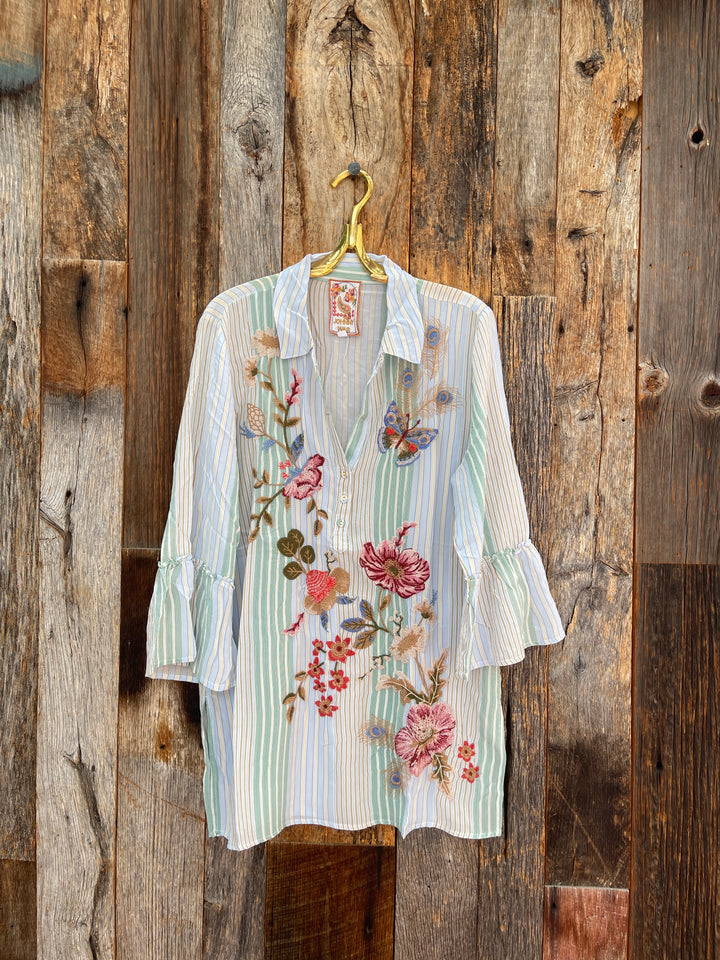 Johnny Was Ruffle Sleeve Henley Tunic Florrie - Stripe