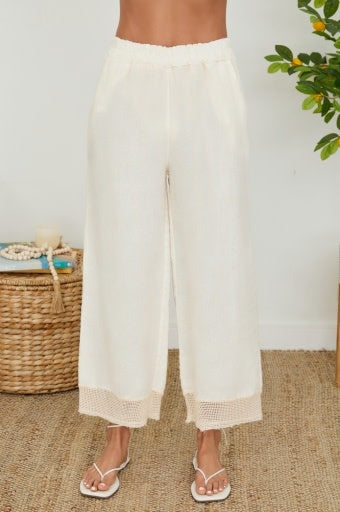 Milio Milano Mesh Hem Wide Leg Linen Pants w/ Pockets Butter