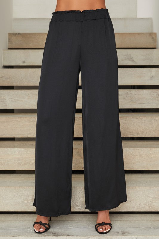 Milio Milano Italian Silky Viscose Elastic Waist Palazzo Pant Black