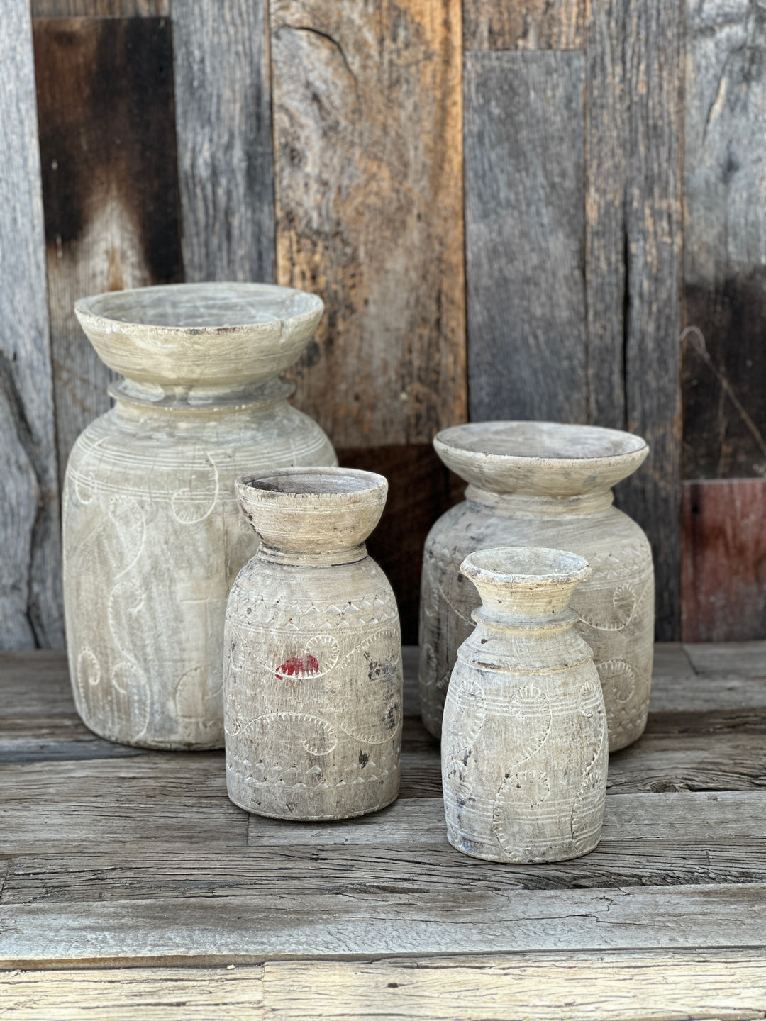 Homart Whitewash Carved Wood Pot Large