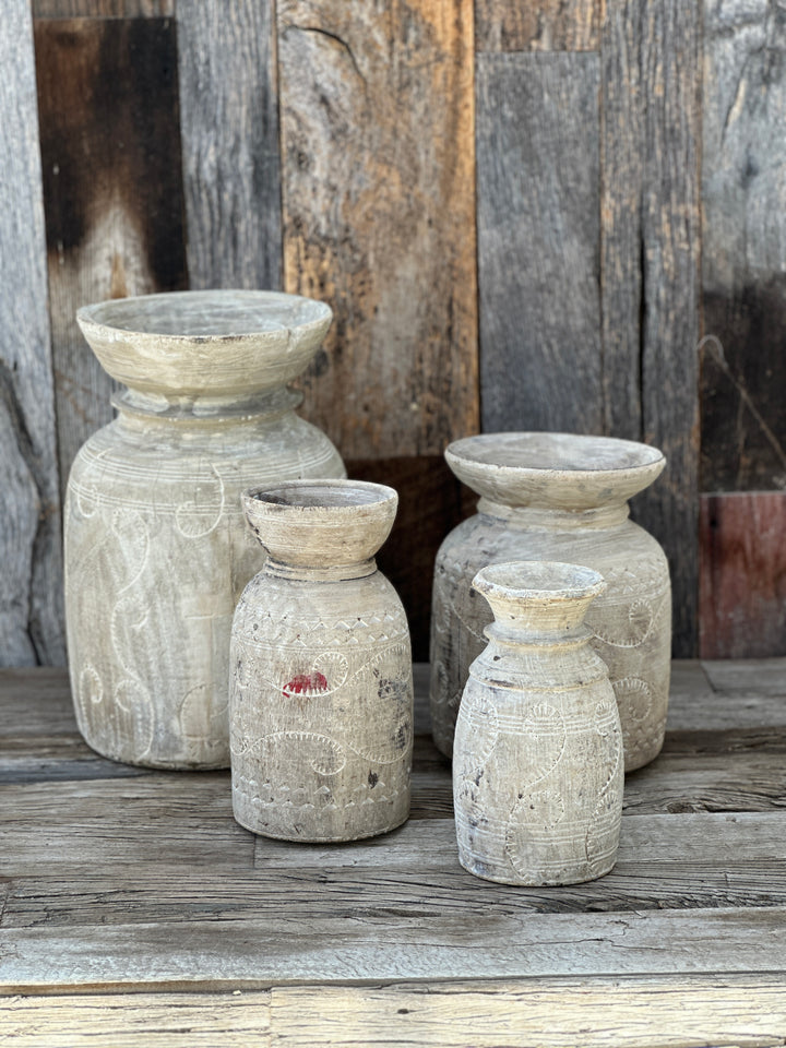 Homart Whitewash Carved Wood Pot Large