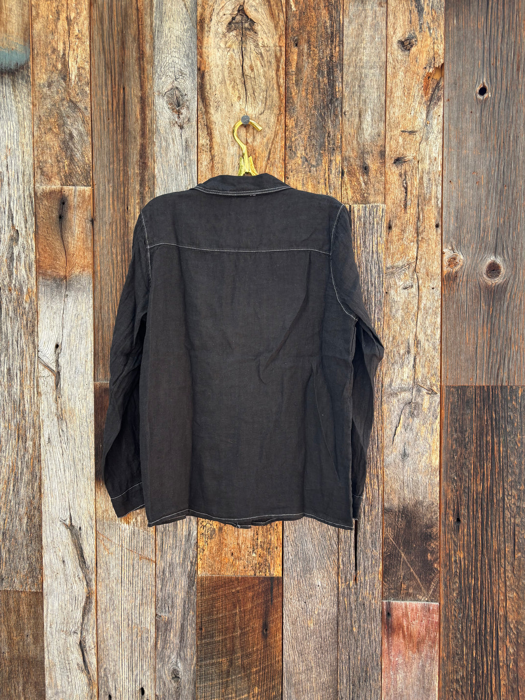 Milio Milano Linen L/S Button Down Top with Edge Stitch Detail Black
