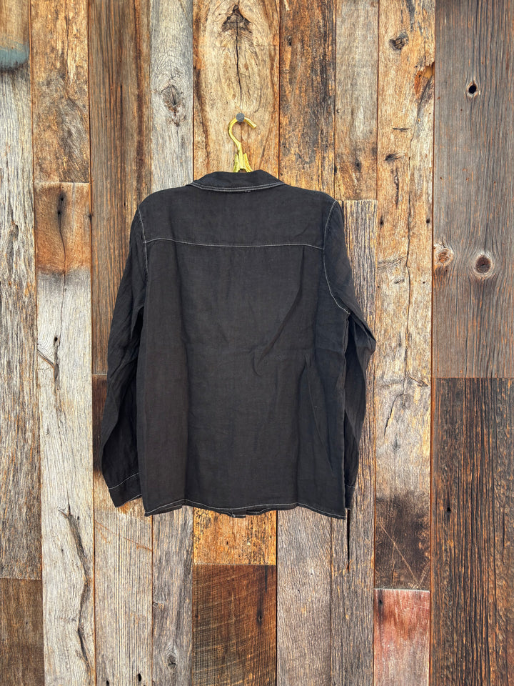 Milio Milano Linen L/S Button Down Top with Edge Stitch Detail Black