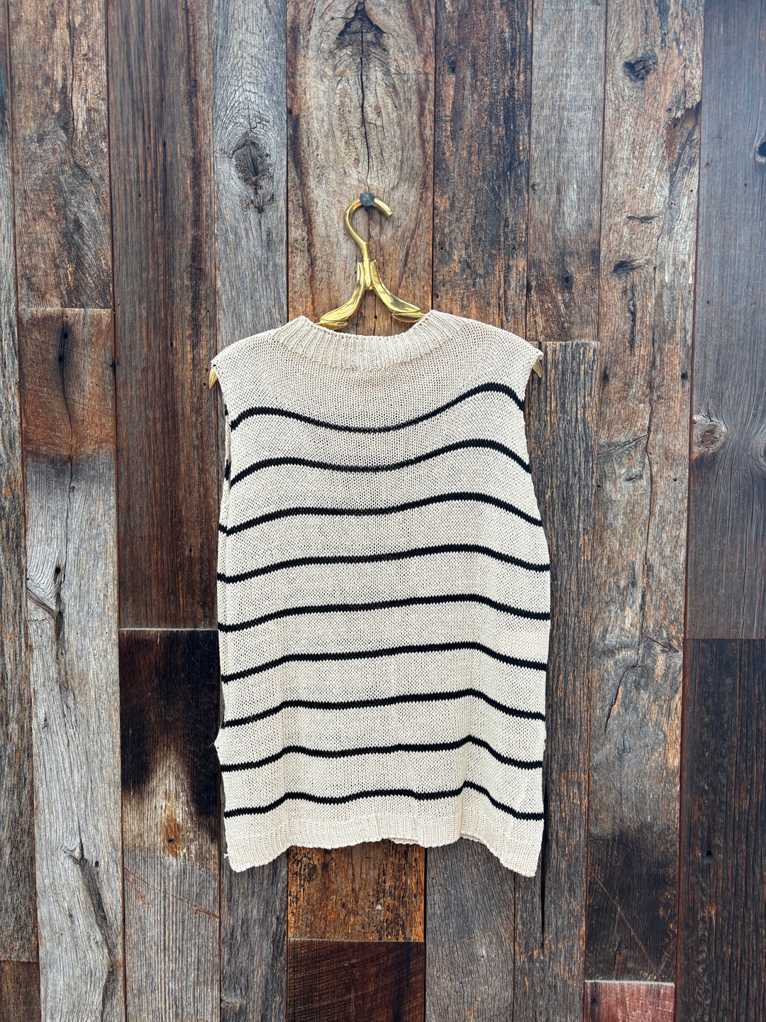 Milio Milano Striped Sleeveless Crew Neck Knit Top Beige/Black