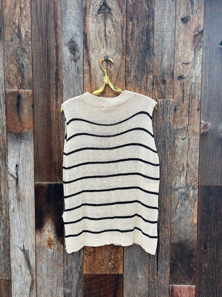 Milio Milano Striped Sleeveless Crew Neck Knit Top Beige/Black