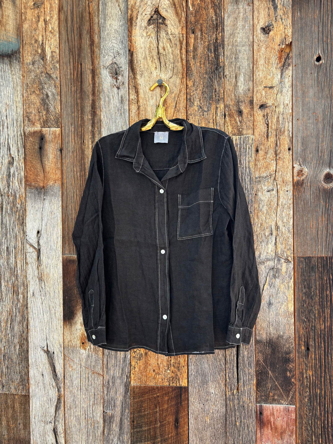 Milio Milano Linen L/S Button Down Top with Edge Stitch Detail Black