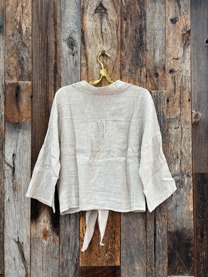 Milio Milano Linen Front Tie Button Shirt Beige